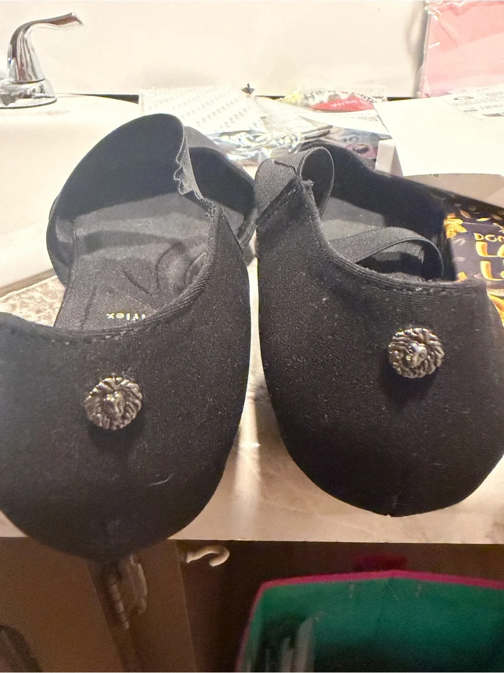Anne Klein Black Pointed D'Orsay Flats with Elastic Strap